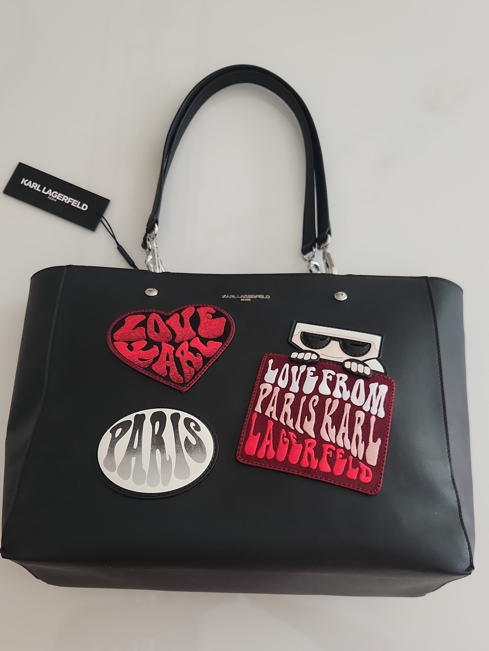 Karl Lagerfeld Black Tote with Red and White Patch Accents